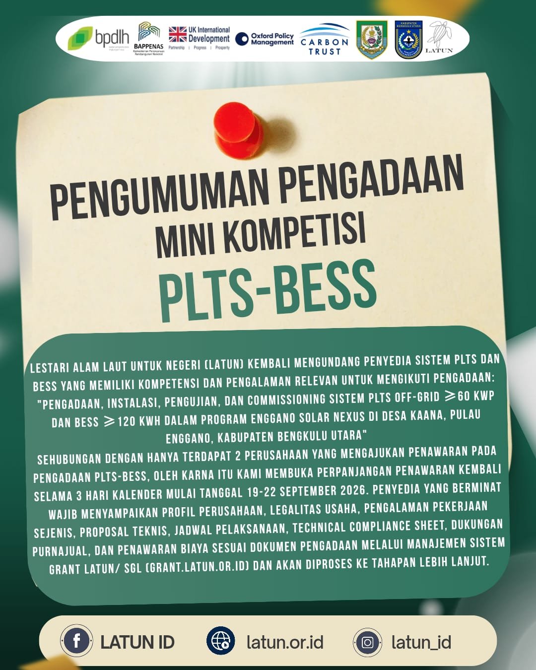 Pengumuman Perpanjangan Pengadaan Mini Kompetisi PLTS-BESS